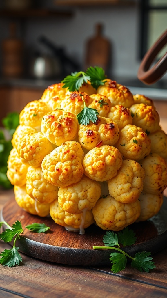 A golden roasted cauliflower head garnished with parsley on a wooden table.